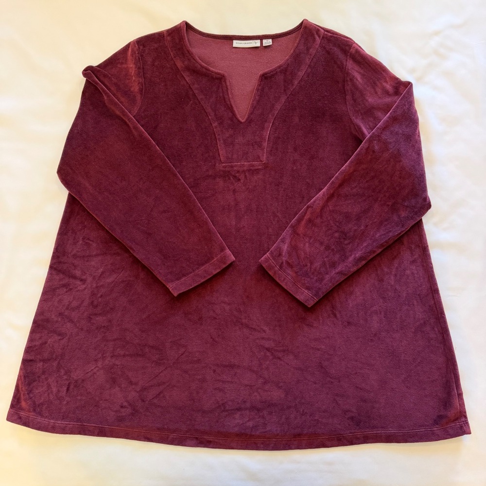 Wine Velour Tunic V-Neck Susan Graver Plus Sz 1X Texture Quiet Luxury Loungewear
